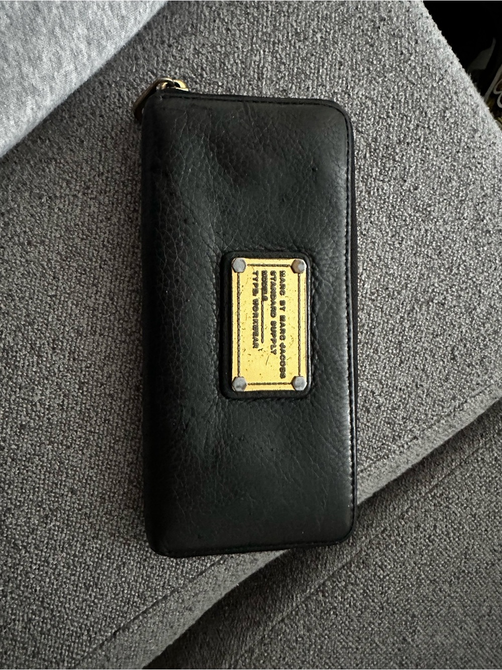 Marc Jacobs Black Leather Zip Phone Wallet with Gold Plaque